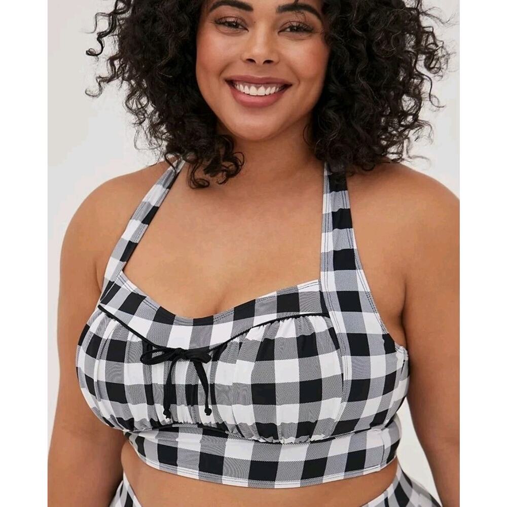 Torrid Retro Chic Bikini Top Gingham Plaid Ruched Black Ivory Padded Cups